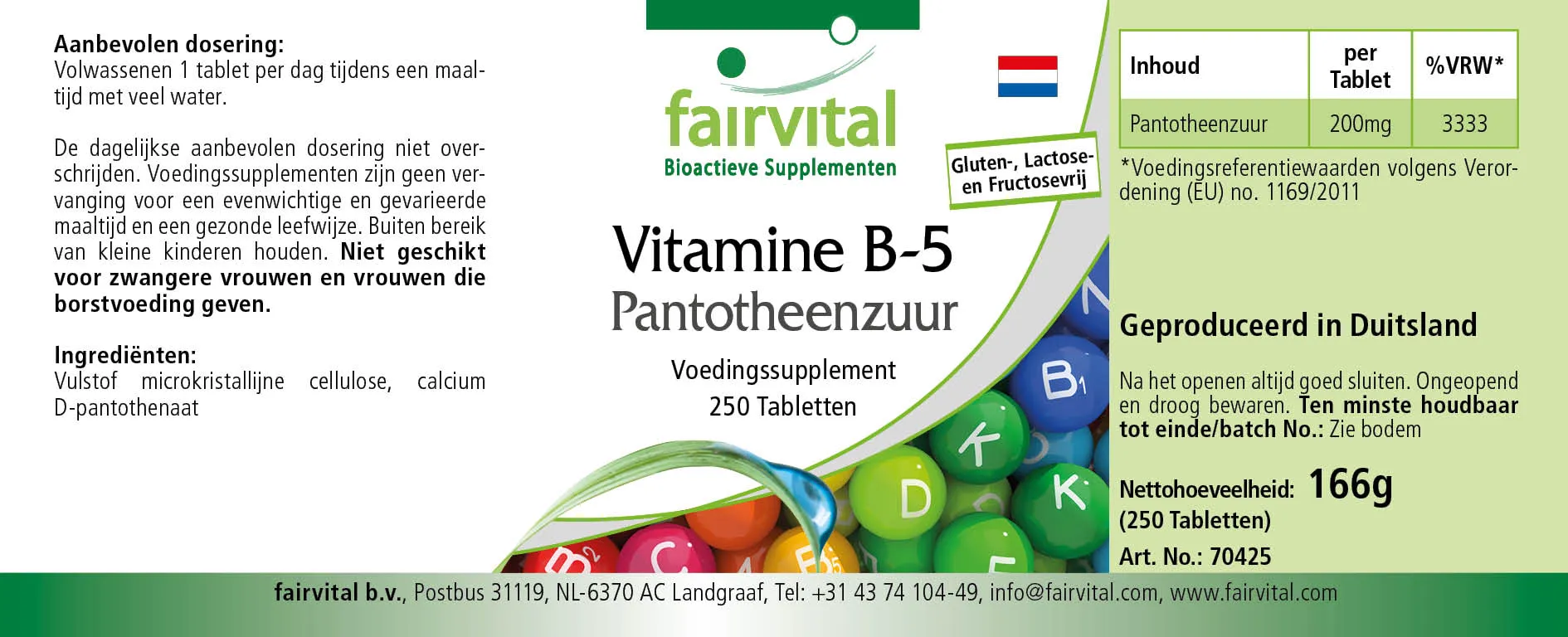 Vitamin B-5 Pantothensäure 200mg - 250 Tabletten - für geistige Leistung, Energiestoffwechsel uvm. - Vegan | Fairvital