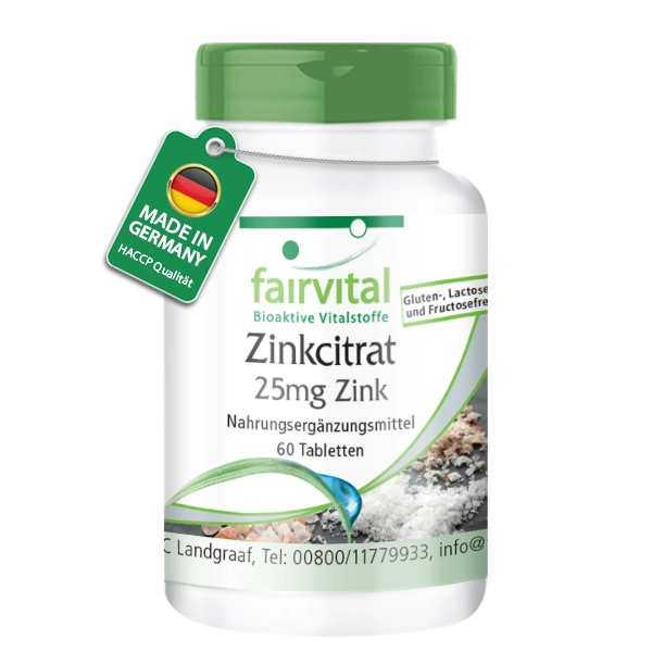 Zinkcitrat mit 25mg Zink - 60 Tabletten - für Immunsystem, Haut, Haare, Sehkraft uvm. - abgedeckter Bedarf - Vegan | Fairvital