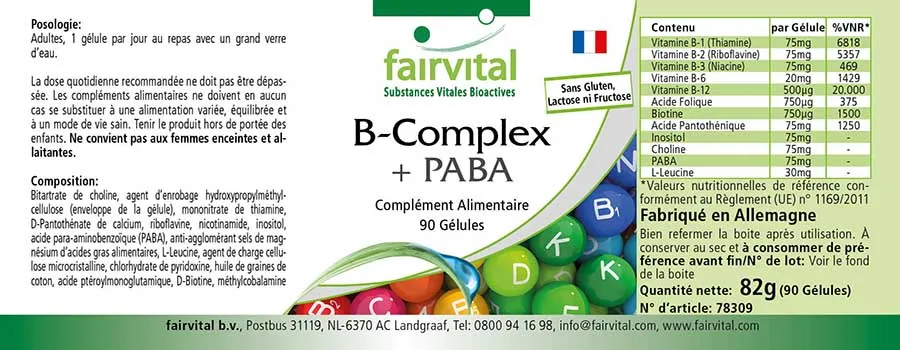 B-Komplex mit PABA - 90 Kapseln - mit allen B-Vitaminen (B6, B12,...) - für Immunsystem, Haut uvm. | Fairvital