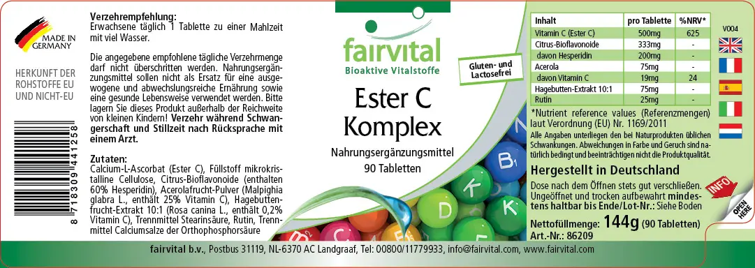 Ester C Komplex - 90 Tabletten -  gepuffertes Vitamin C (magenfreundlich) - für Immunsystem, Kollagenbildung uvm. | Fairvital