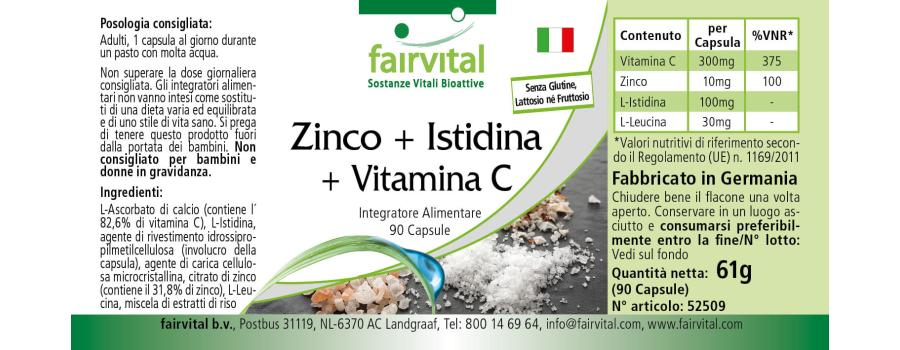 Zink + Histidin + Vitamin C -  90 Kapseln - für Immunsystem, Haare, Haut, Zellschutz uvm. - Vegan | Fairvital