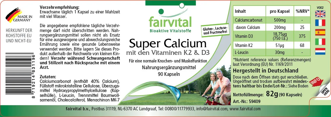 Super Calcium mit den Vitaminen K2 & D3 - 90 Kapseln - für Knochen, Zähne, Muskeln uvm. - Vegan | Fairvital