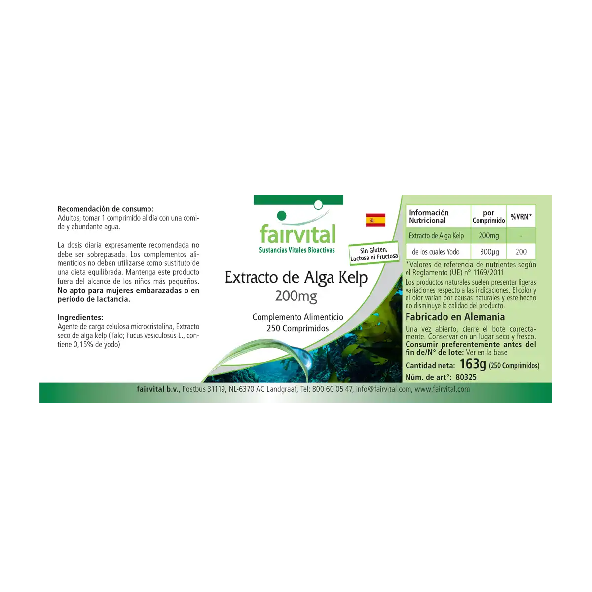 Kelp-Extrakt 200mg – 250 Tabletten – natürliches Jod - für Schilddrüse, Haut, Nervensystem uvm. | Fairvital