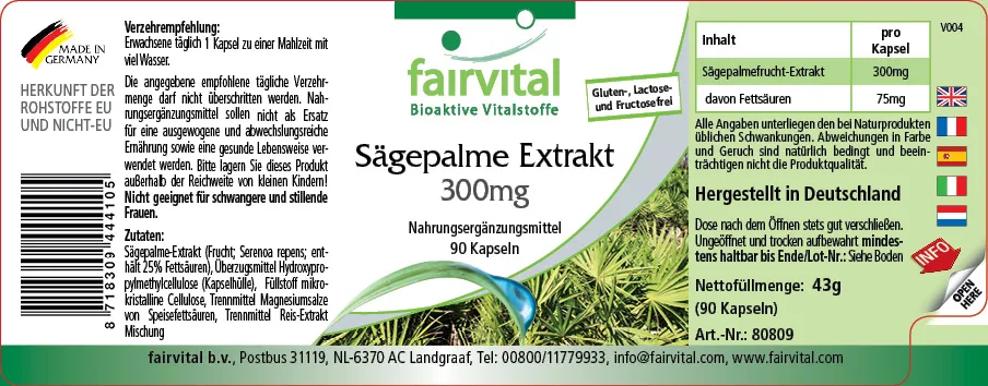 Sägepalme Extrakt 300mg - 90 Kapseln - mit Beta-Sitosterol - Hochdosiert und Vegan | Fairvital