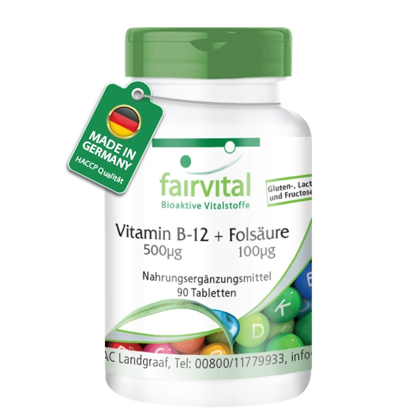 Vitamin B-12 + Folsäure 500µg / 100µg -  90 Tabletten - für Immunsystem, gegen Müdigkeit uvm. | Fairvital