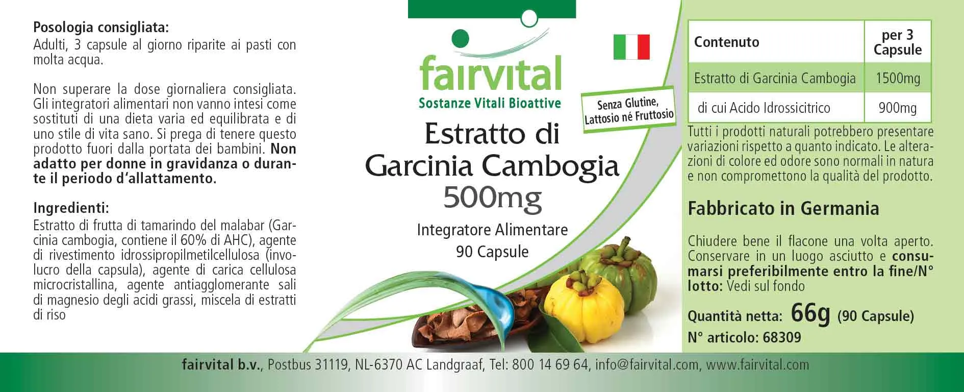 Garcinia Cambogia Extrakt 500mg - 90 Kapseln - mit 60% Hydroxycitronensäure - Vegan | Fairvital