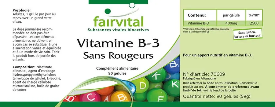 Vitamin B-3 Flush Free - 90 Kapseln - für Haut, Nervensystem, Energiestoffwechsel uvm. - Vegan | Fairvital