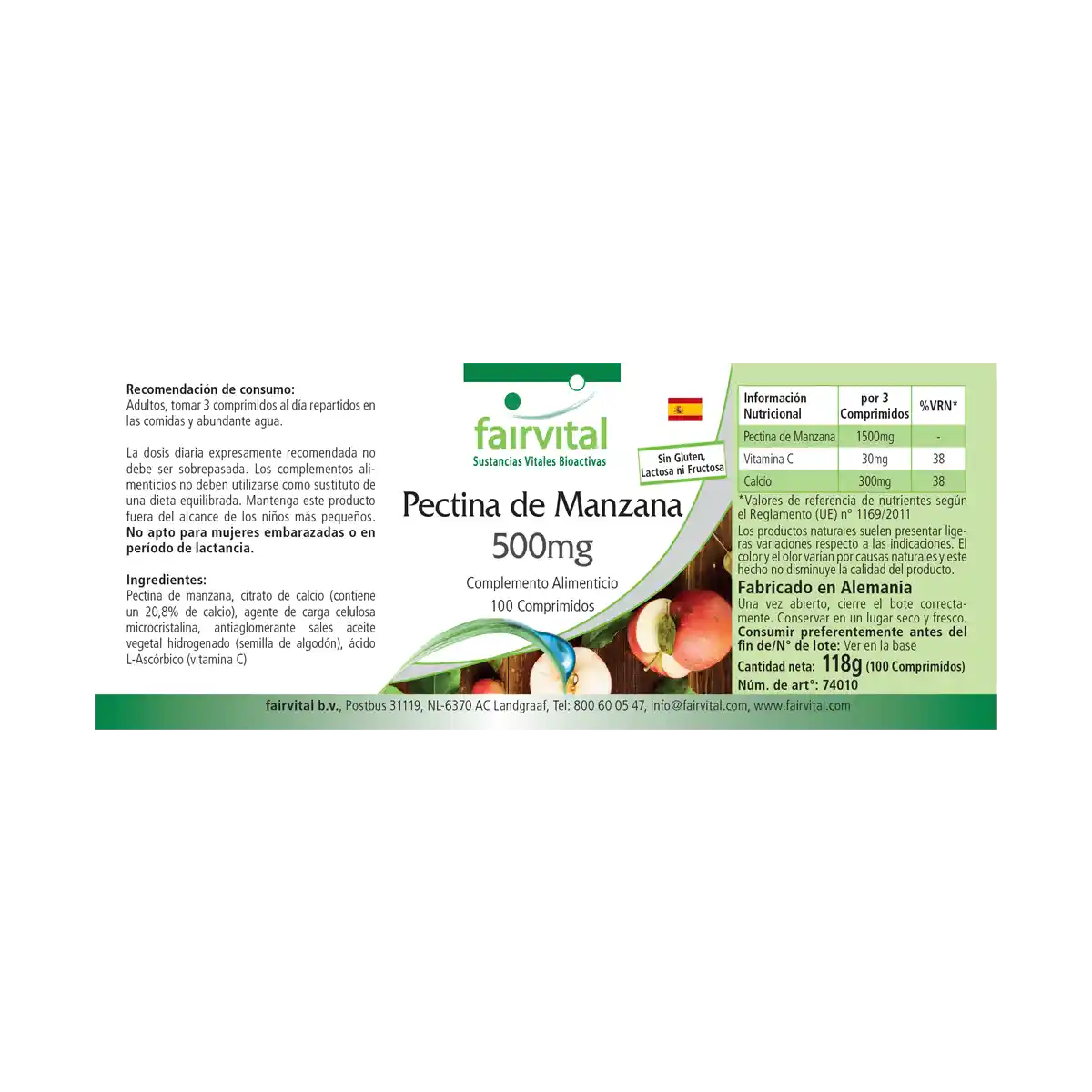 Apfelpektin 500mg - 100 Tabletten - mit Vitamin C, Calcium - für Knochen, Immunsystem uvm. - Vegan | Fairvital