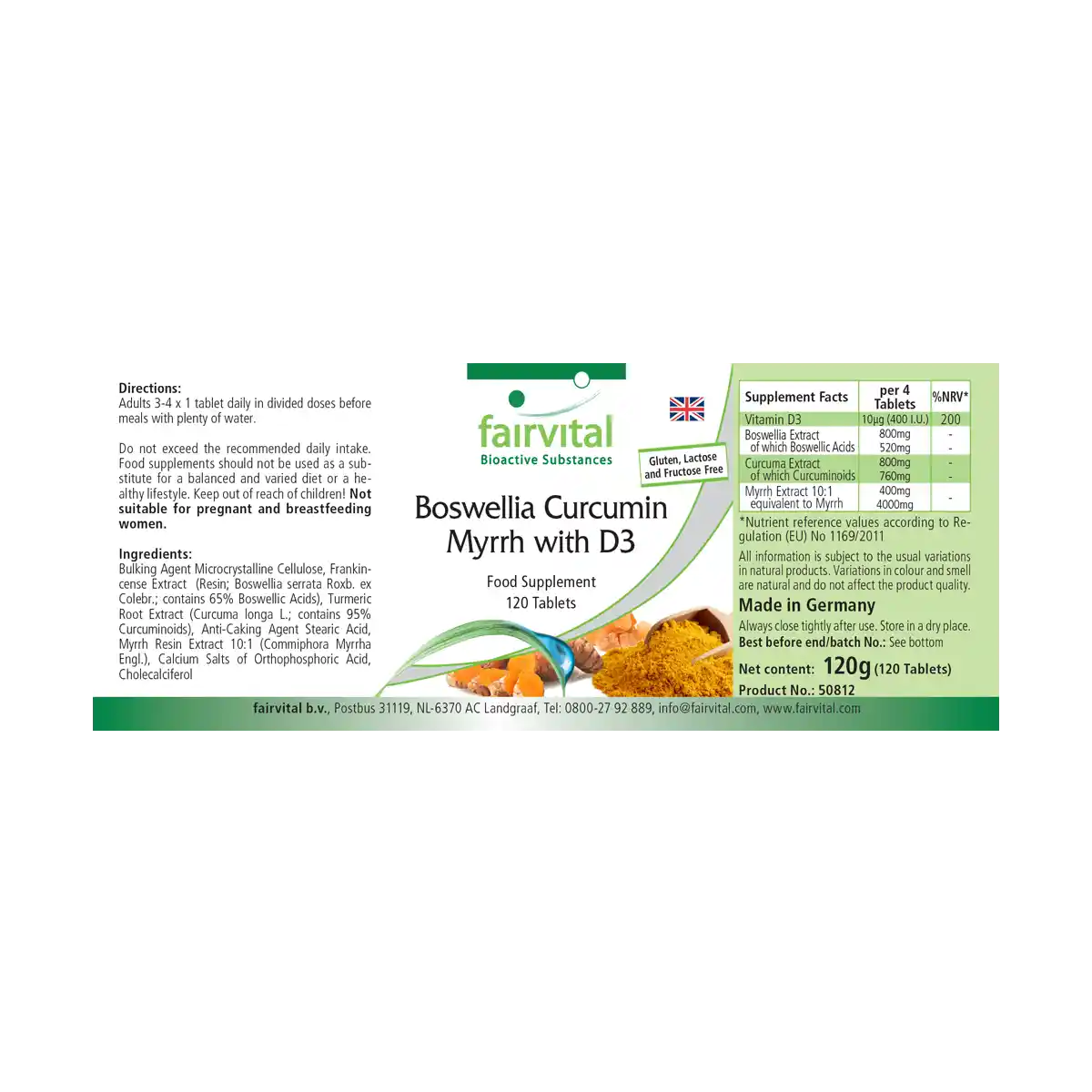 Boswellia Curcumin Myrrhe mit D3 - 120 Tabletten - mit Vitamin D3 - für Knochen, Immunsystem uvm. | Fairvital