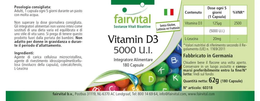 Vitamin D3 5000 I.E. - 180 Kapseln - für Immunsystem, Muskeln, Zellteilung uvm. - Hochdosiert | Fairvital