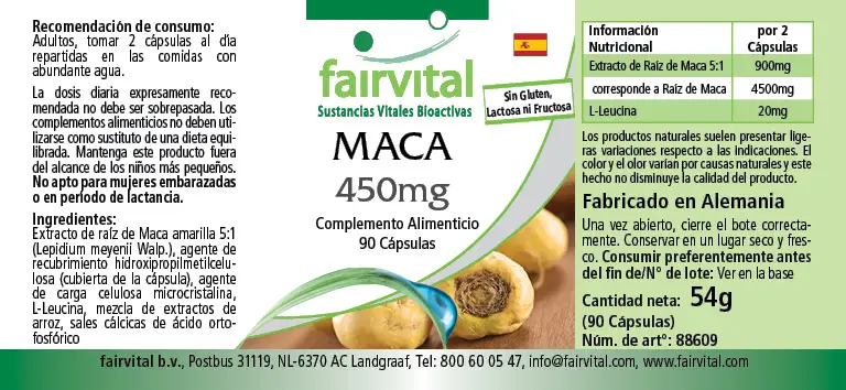 MACA 450mg - 90 Kapseln - 4-fach konzentrierter Wurzelextrakt - Hochdosiert und Vegan | Fairvital MACA 450mg - 90 Kapseln - 4-fach konzentrierter Wurzelextrakt - Hochdosiert und Vegan | Fairvital