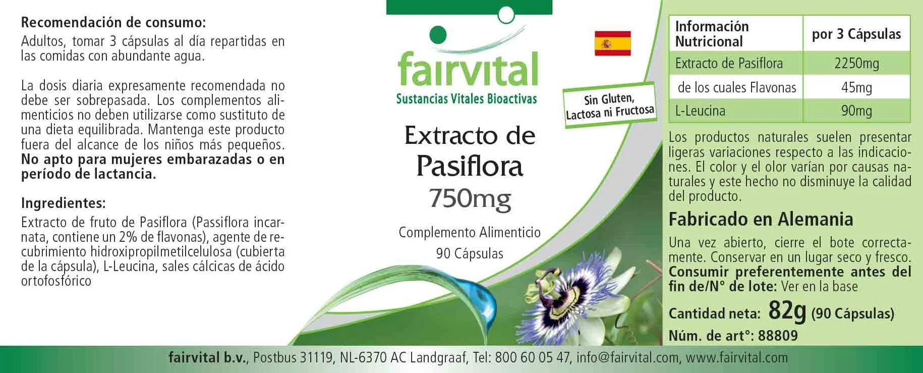 Passionsblume Kapseln Extrakt 750mg - 90 Kapseln-standardisiert auf 2% Flavone-Vegan | Fairvital