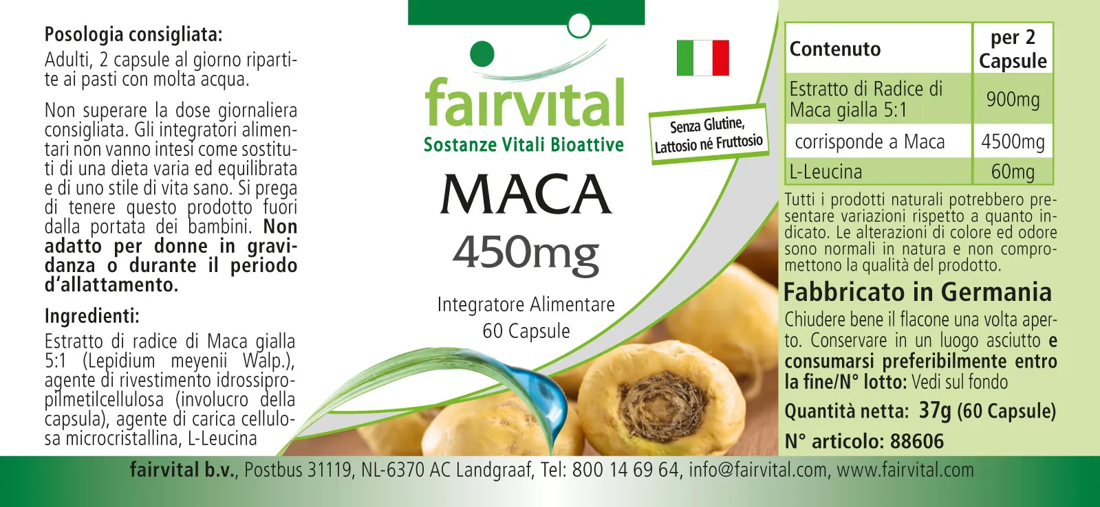 MACA 450mg - 60 Kapseln - 4-fach konzentrierter Wurzelextrakt - Hochdosiert und Vegan | Fairvital