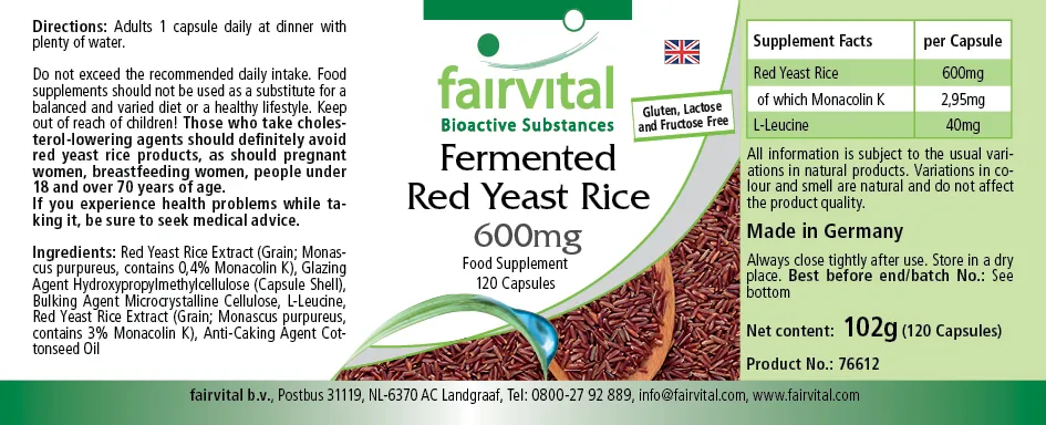 Fermentierter Roter Reis 600mg - 120 Kapseln - Monascus purpureus - mit Monacolin K - Vegan | Fairvital