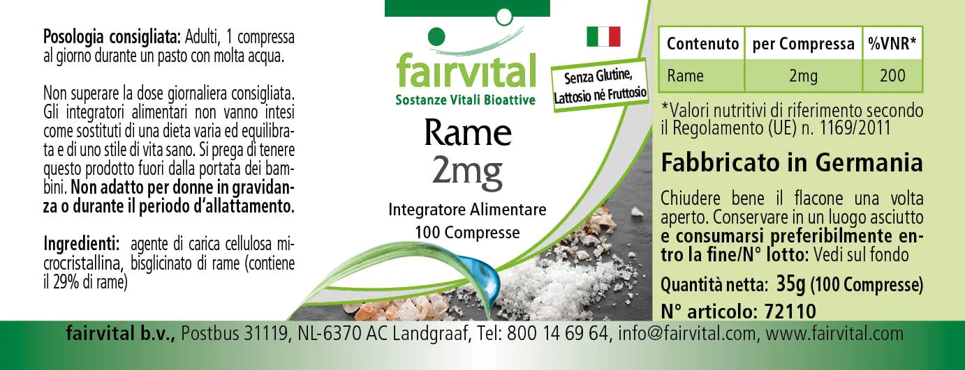 Kupfer 2mg - 100 Tabletten - für Immunsystem, Eisentransport uvm. - Vegan | Fairvital