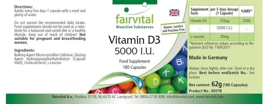 Vitamin D3 5000 I.E. - 180 Kapseln - für Immunsystem, Muskeln, Zellteilung uvm. - Hochdosiert | Fairvital