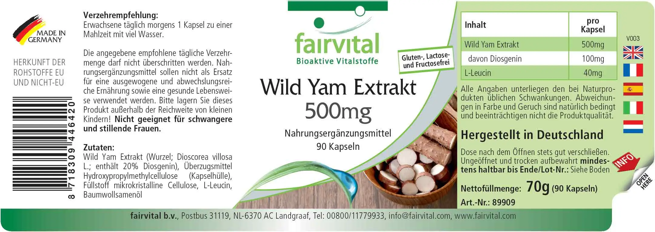 Wild Yam Extrakt 500mg - 90 Kapseln - standardisiert auf 20% Diosgenin - Hochdosiert und Vegan | Fairvital