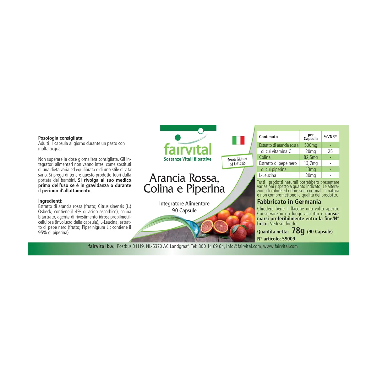 Blutorange, Cholin und Piperin 500mg - 90 Kapseln - mit Vitamin C - für Leberfunktion, Immunsystem uvm. | Fairvital