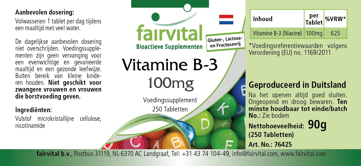 Vitamin B-3 Niacin 100mg - 250 Tabletten - für Haut, Psyche, Nervensystem uvm. - Vegan | Fairvital