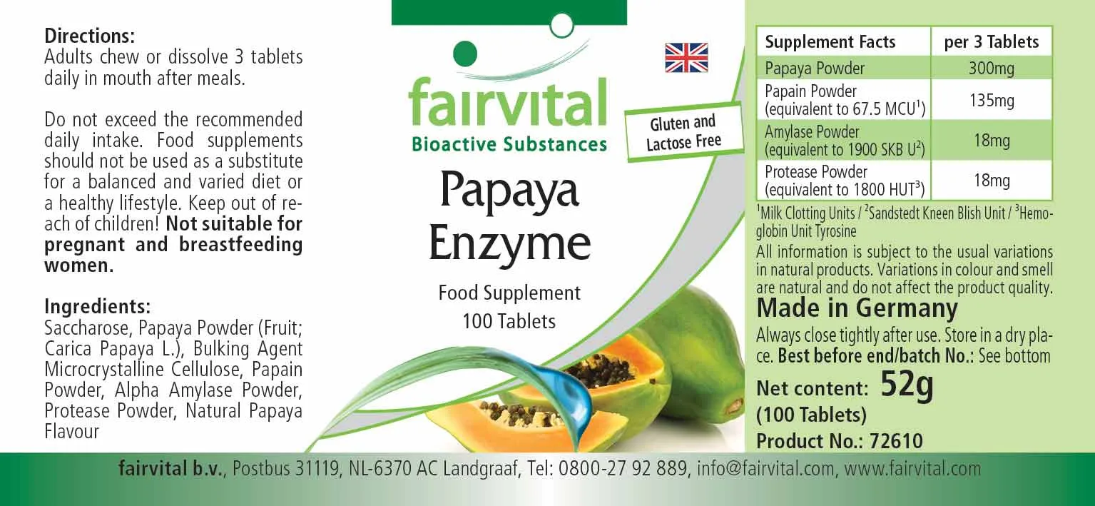 Papaya Enzym - 100 Tabletten - mit Papain, Amylase und Protease - Hochdosiert und Vegan | Fairvital