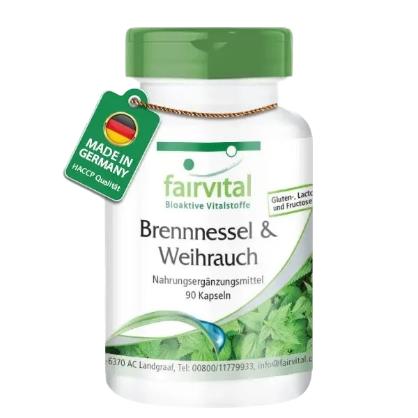 Brennnessel und Weihrauch - 90 Kapseln - Boswellia serrata - Hochdosiert und Vegan | Fairvital Brennnessel und Weihrauch - 90 Kapseln - Boswellia serrata - Hochdosiert und Vegan | Fairvital
