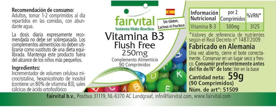 Vitamin B3 Flush Free 250mg - 90 Tabletten - für Stoffwechsel, Haut, Nervensystem uvm. - Vegan | Fairvital