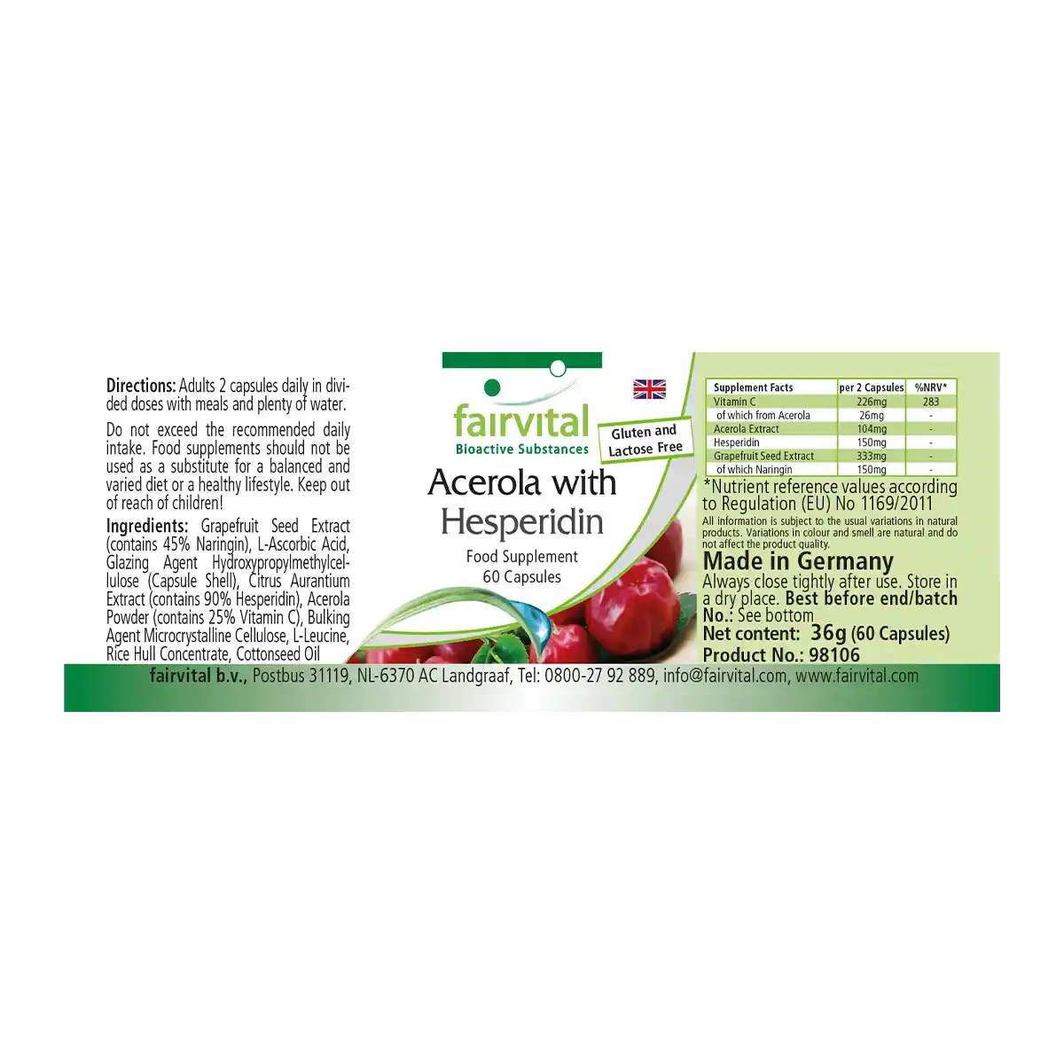 Acerola mit Hesperidin und Vitamin C-60 Kapseln - Hochdosiert und Vegan | Fairvital