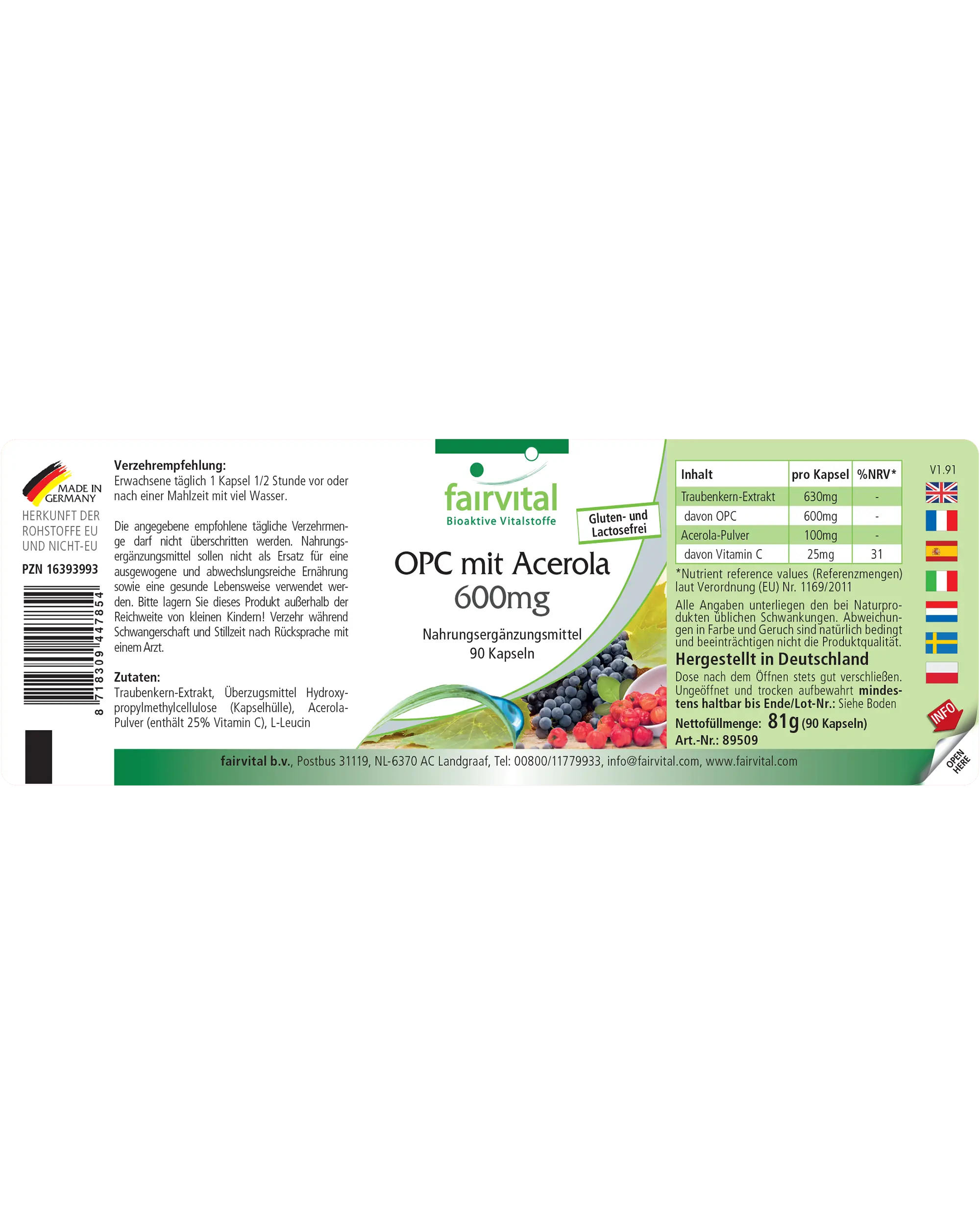 OPC 600mg mit Acerola - 90 Kapseln - mit Vitamin C - für Immunsystem, Kollagenbildung uvm. - Vegan | Fairvital