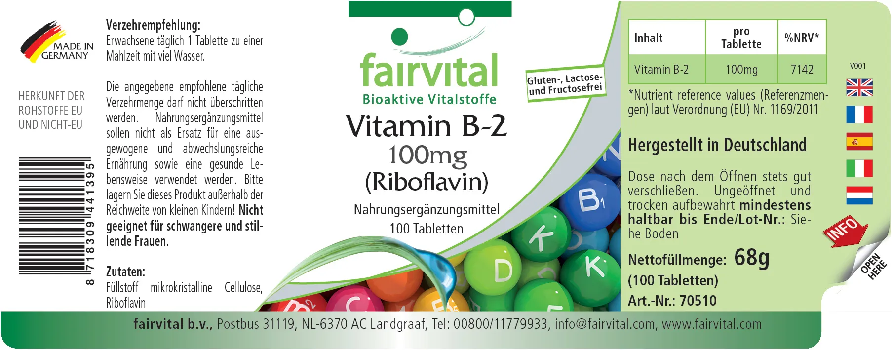 Vitamin B-2 Riboflavin - 100 Tabletten - für Sehkraft, Haut, Nervensystem uvm. - Vegan | Fairvital