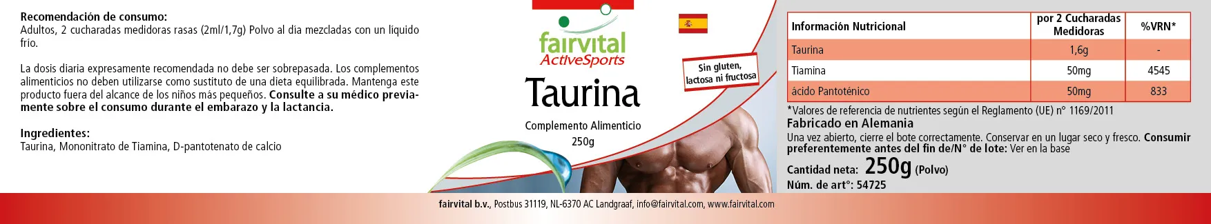 Taurin 250g Pulver - mit Thiamin und Pantothensäure - für Steroidhormonen- und Energiestoffwechsel, Herzfunktion uvm. | Fairvital
