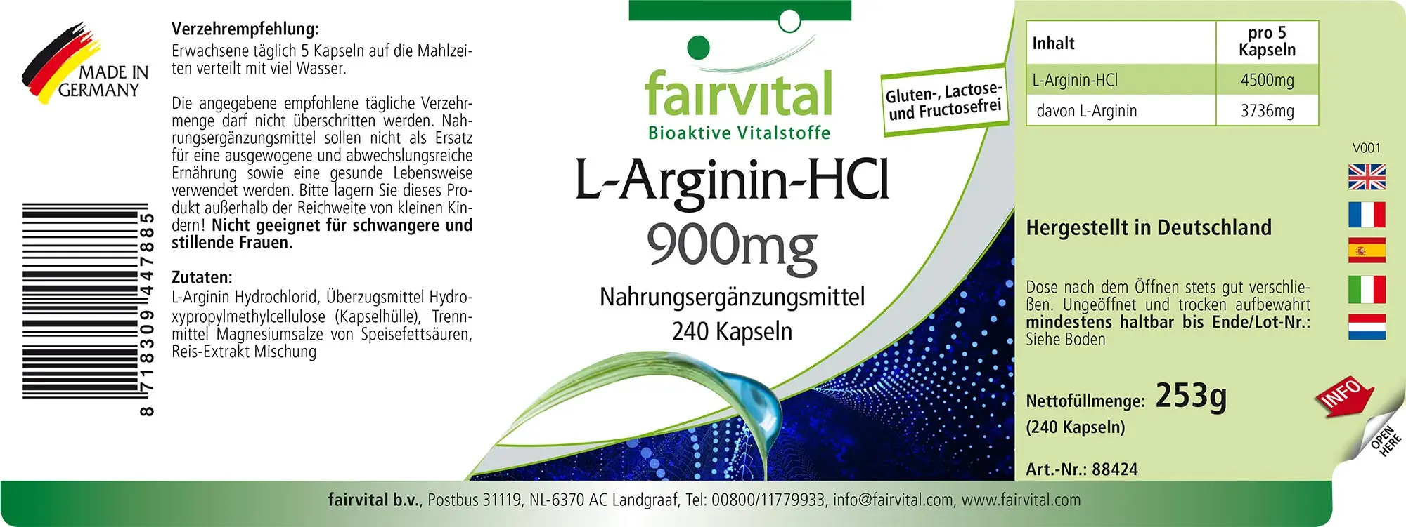 L-Arginin-HCL 900mg - 240 Kapseln - Hochdosiert und Vegan | Fairvital