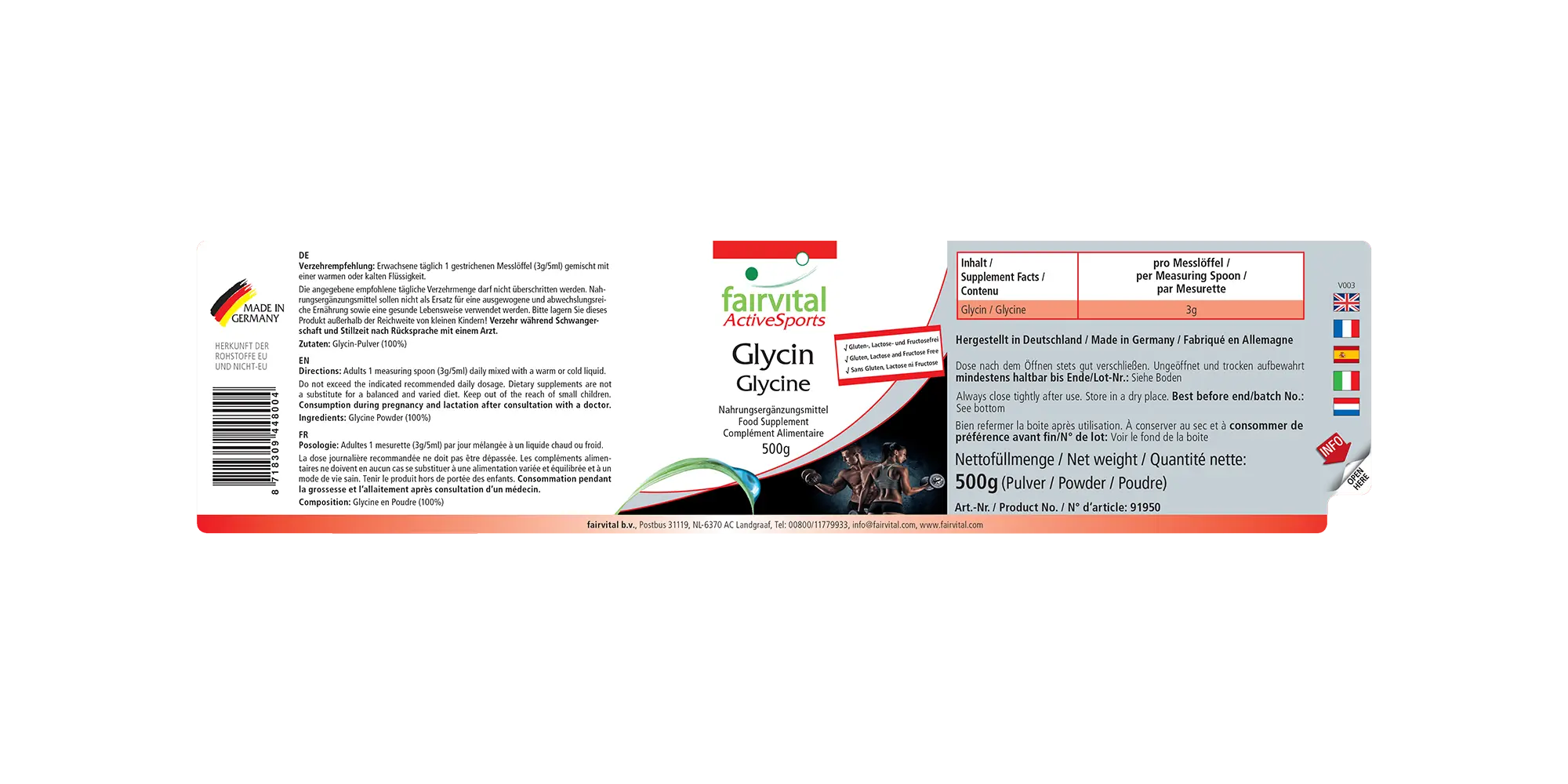 Glycin Pulver 500g - Aminosäure - Active Sports - 100% reines Glycin-Pulver ohne Zusatzstoffe - Vegan | Fairvital