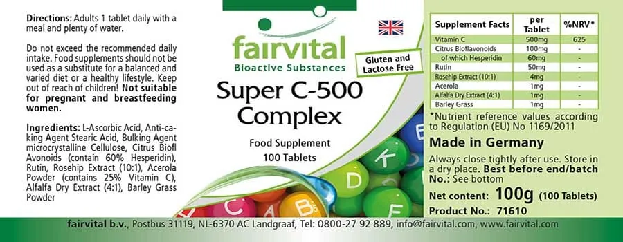 Super C-500 Komplex - 100 Tabletten - mit Vitamin C - für Immunsystem, Kollagenbildung uvm. - Vegan | Fairvital