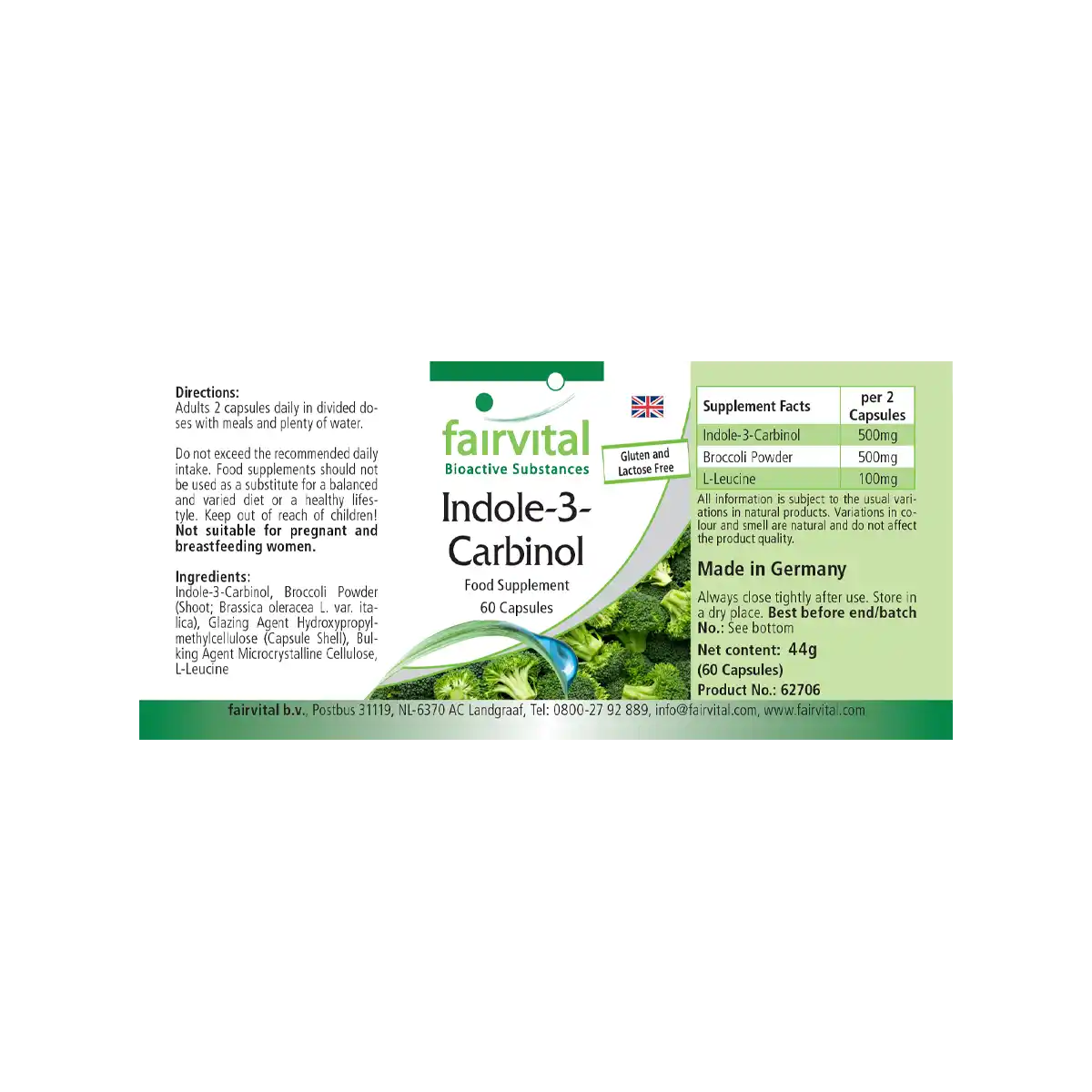 Indol-3-Carbinol - 60 Kapseln - I3C Kapseln mit Brokkoli-Pulver - Hochdosiert und Vegan | Fairvital