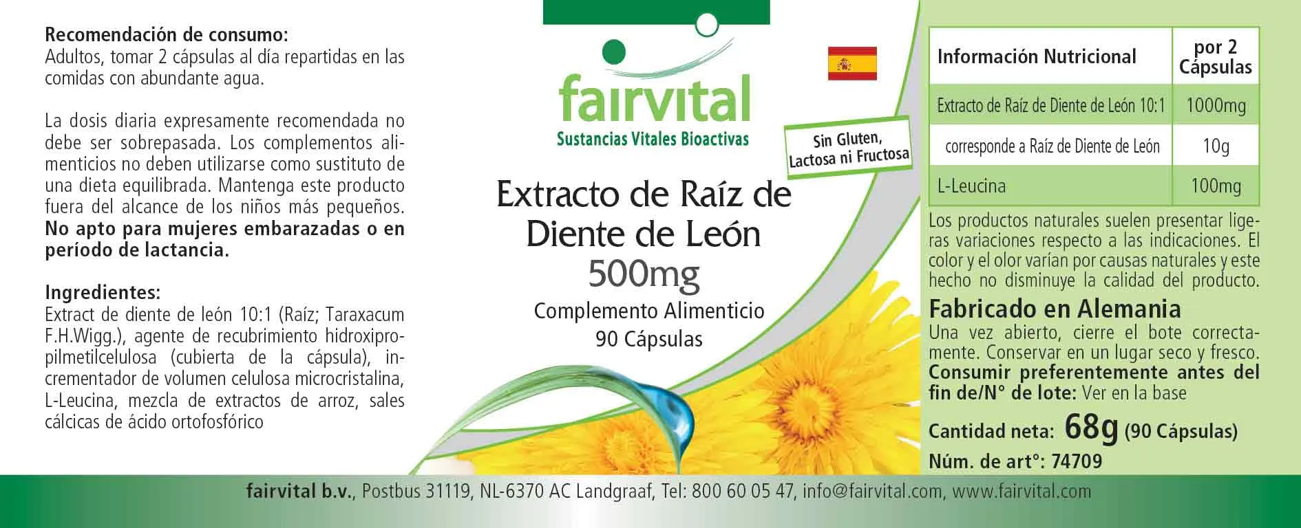 Löwenzahnwurzel-Extrakt 500mg - 90 Kapseln - 10-fach konzentriert - Hochdosiert und Vegan | Fairvital