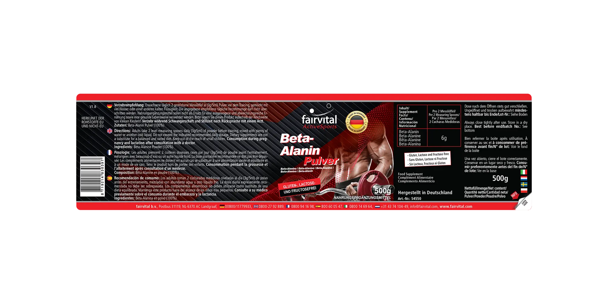 Beta-Alanin 100% - 500g Pulver - Inklusive Dosierlöffel - Hochdosiert und Vegan | Fairvital