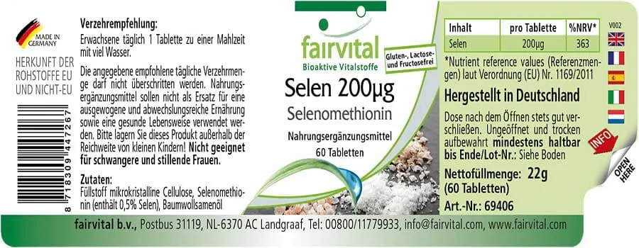 Selen 200µg Selenomethionin - 60 Tabletten - für Schilddrüse, Haare, Immunsystem - Hochdosiert und Vegan | Fairvital
