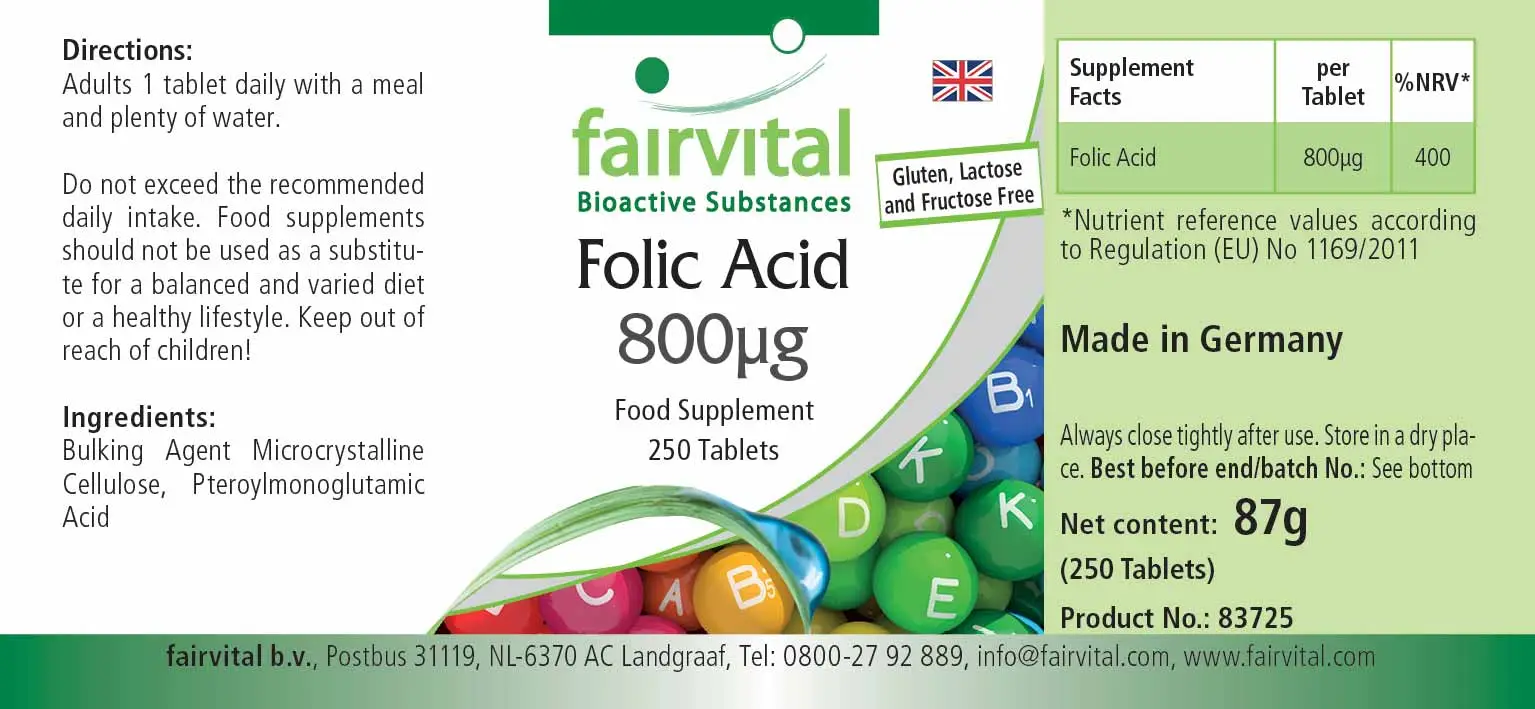Folsäure 800µg  - 250 Tabletten - Für Kinderwunsch - Schwangerschaft & Stillzeit - Vegan | Fairvital