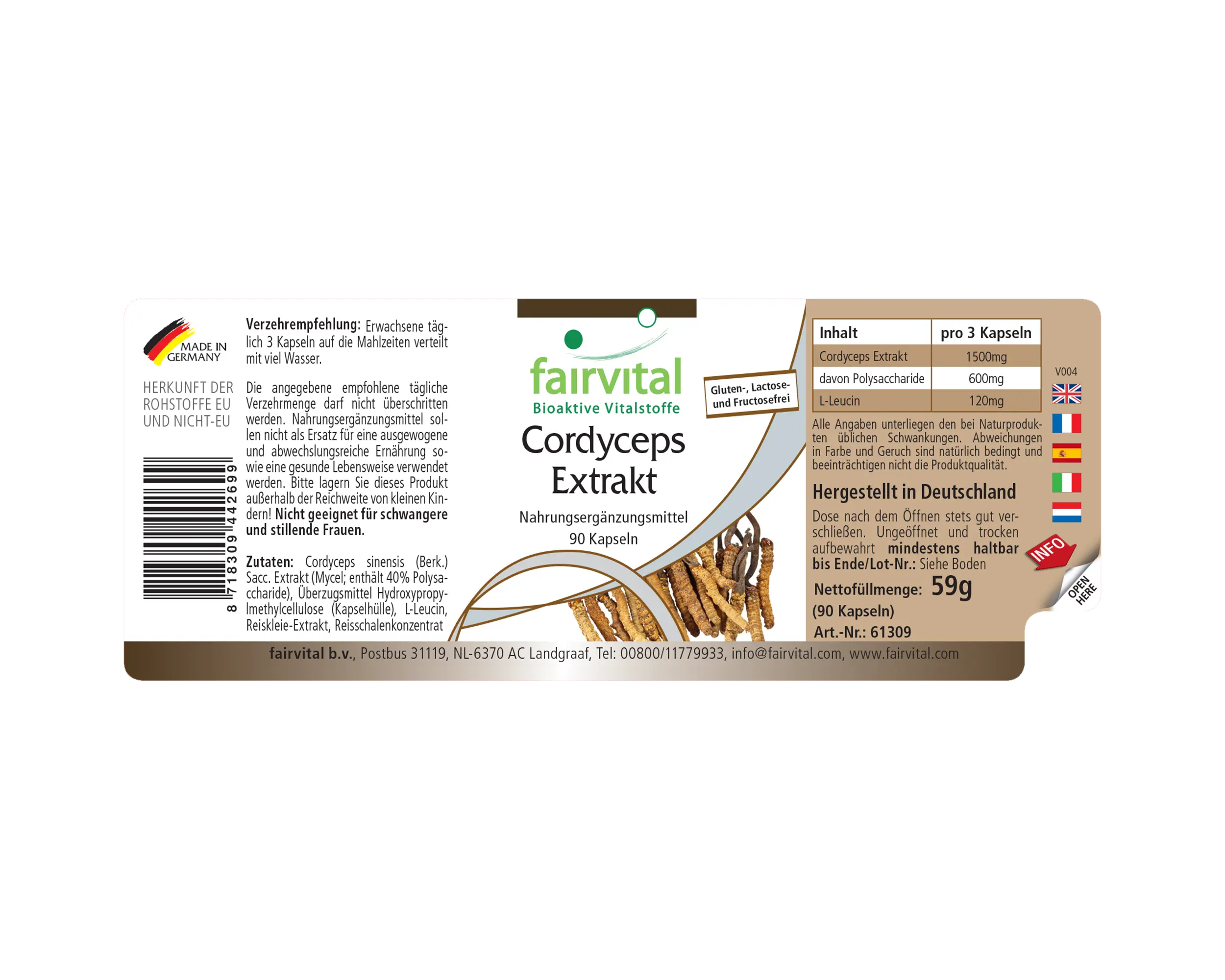 Cordyceps Extrakt - 90 Kapseln - Cordyceps Sinensis (Raupenpilz) - 40% Polysaccharide - Hochdosiert und Vegan | Fairvital