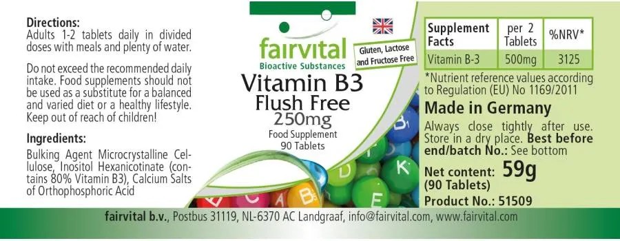 Vitamin B3 Flush Free 250mg - 90 Tabletten - für Stoffwechsel, Haut, Nervensystem uvm. - Vegan | Fairvital