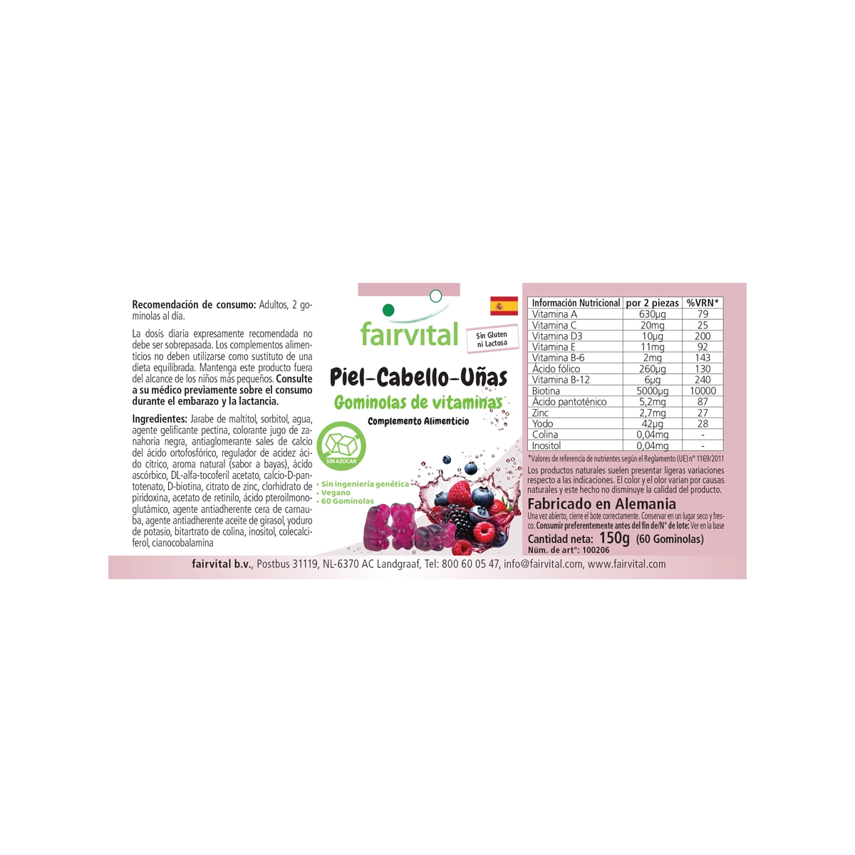 Haut-Haare-Nägel Vitamin - 60 Gummies - mit Biotin, Zink, Vitamin B12, uvm. - Vegan | Fairvital