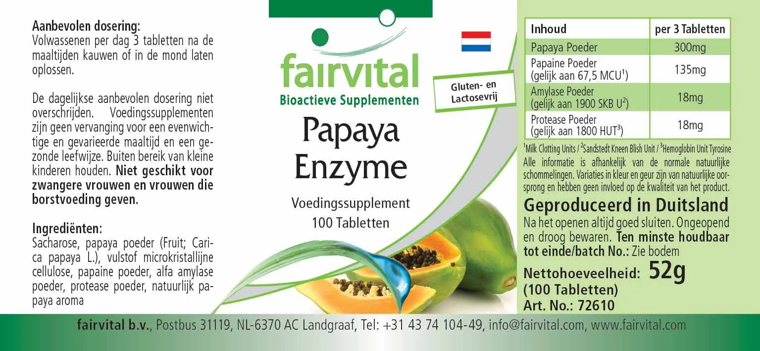 Papaya Enzym - 100 Tabletten - mit Papain, Amylase und Protease - Hochdosiert und Vegan | Fairvital