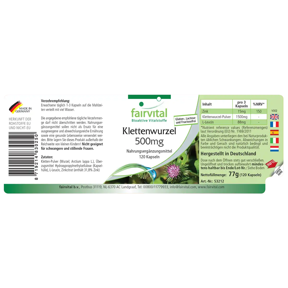 Klettenwurzel 500mg - 120 Kapseln - mit Zink - für Immunsystem, Sehkraft, Haut, Haare uvm. - Vegan | Fairvital