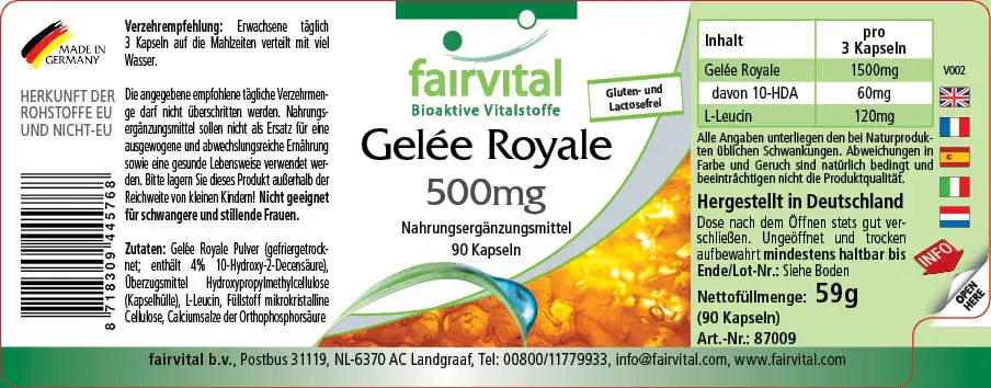 Gelee Royale 500mg - 90 Kapseln - standardisiert auf 4% 10-HDA - Hochdosiert | Fairvital