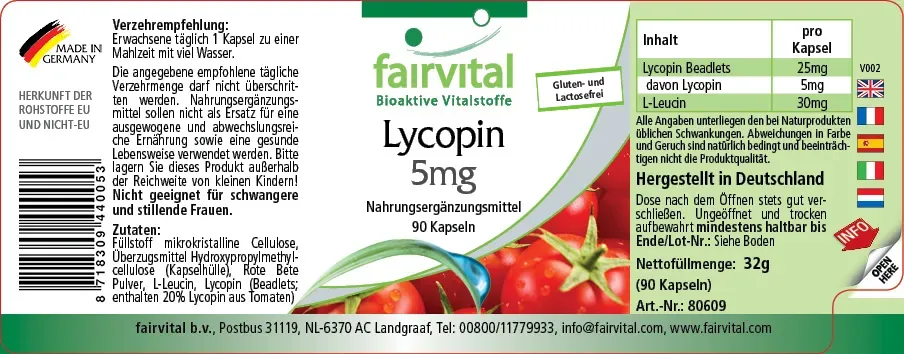 Lycopin 5mg - 90 Kapseln - aus Tomatenextrakt - Hochdosiert und Vegan | Fairvital