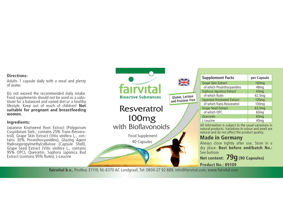 Resveratrol 100mg mit Bioflavonoiden - 90 Kapseln - Hochdosiert und Vegan | Fairvital