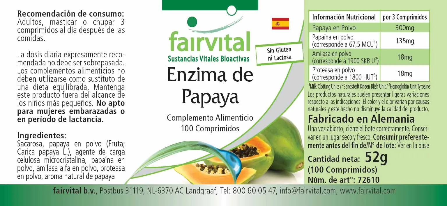 Papaya Enzym - 100 Tabletten - mit Papain, Amylase und Protease - Hochdosiert und Vegan | Fairvital