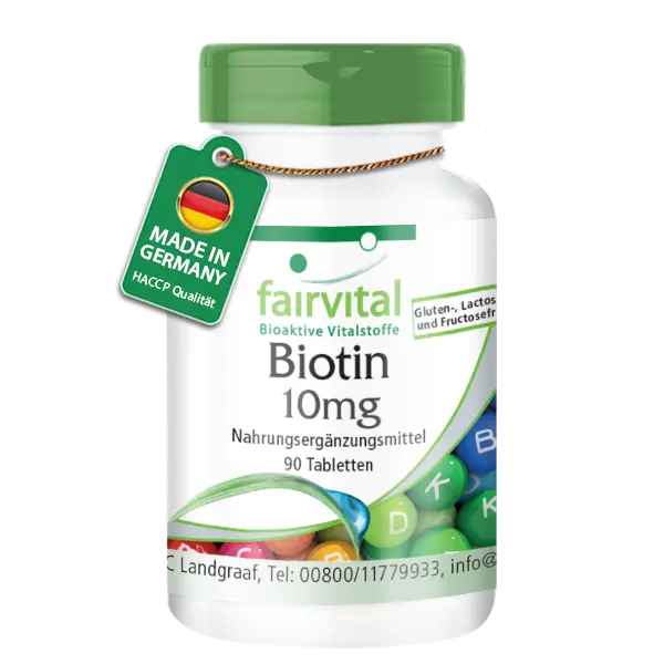 Biotin 10mg - 90 Tabletten - mit 10000mcg Vitamin B7 pro Tablette -  für Haare, Haut, und Nervensystem - Hochdosiert und Vegan | Fairvital
