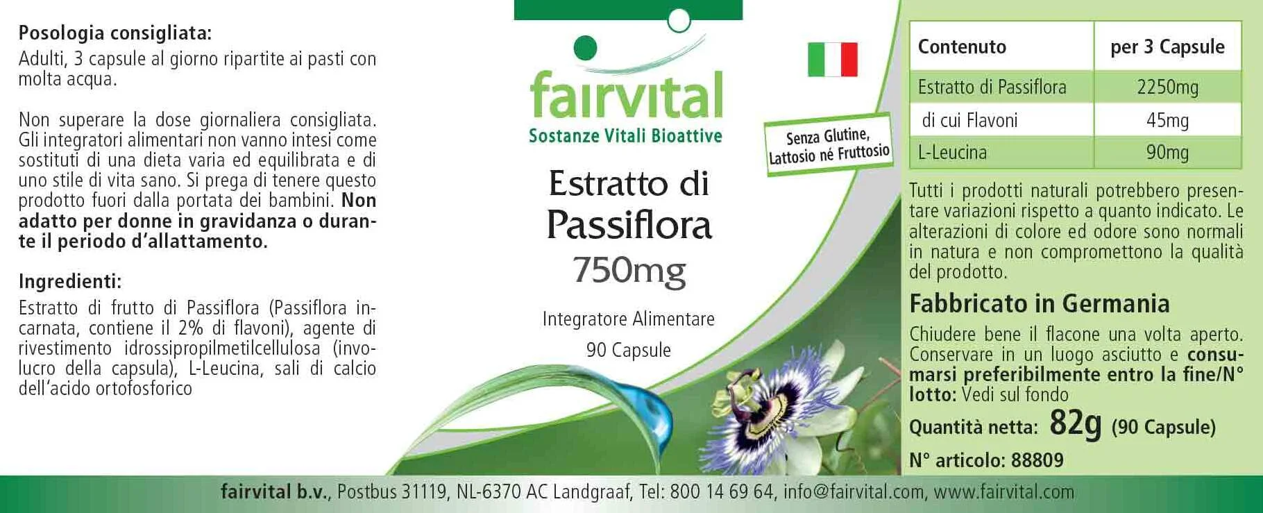 Passionsblume Kapseln Extrakt 750mg - 90 Kapseln-standardisiert auf 2% Flavone-Vegan | Fairvital