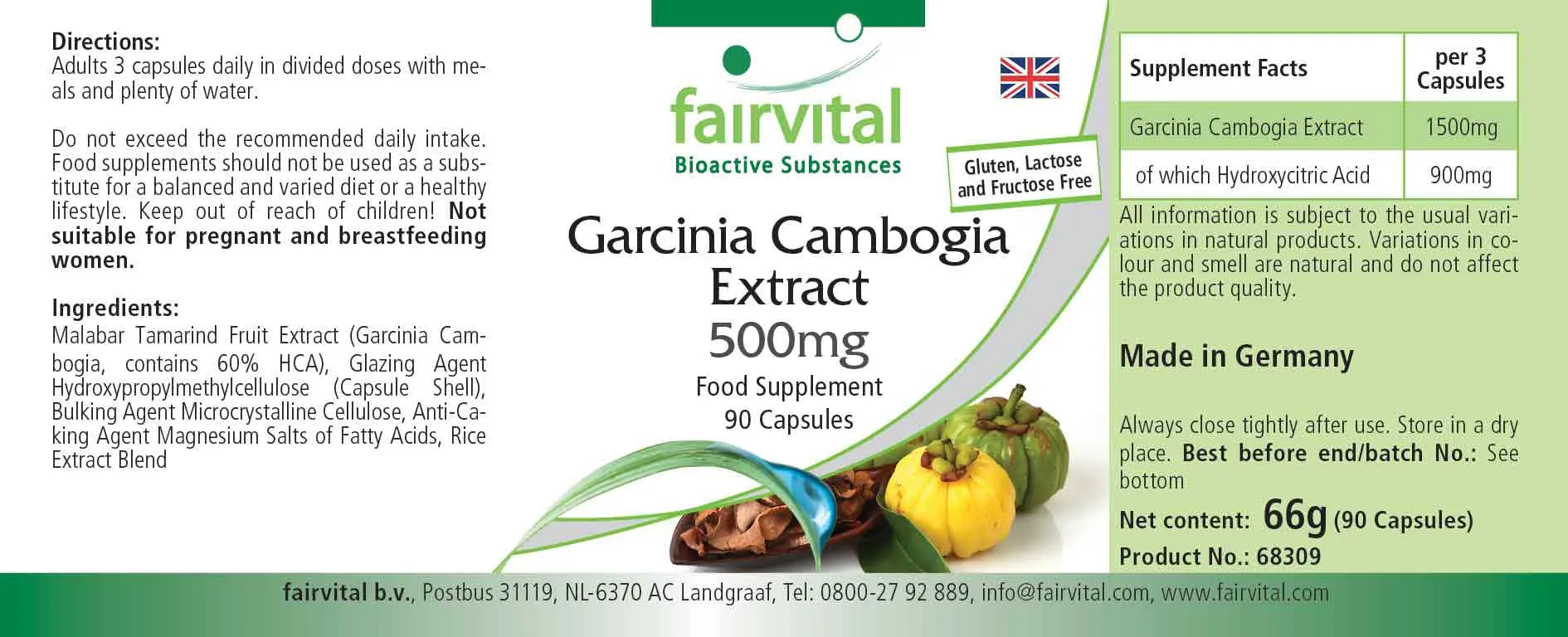 Garcinia Cambogia Extrakt 500mg - 90 Kapseln - mit 60% Hydroxycitronensäure - Vegan | Fairvital